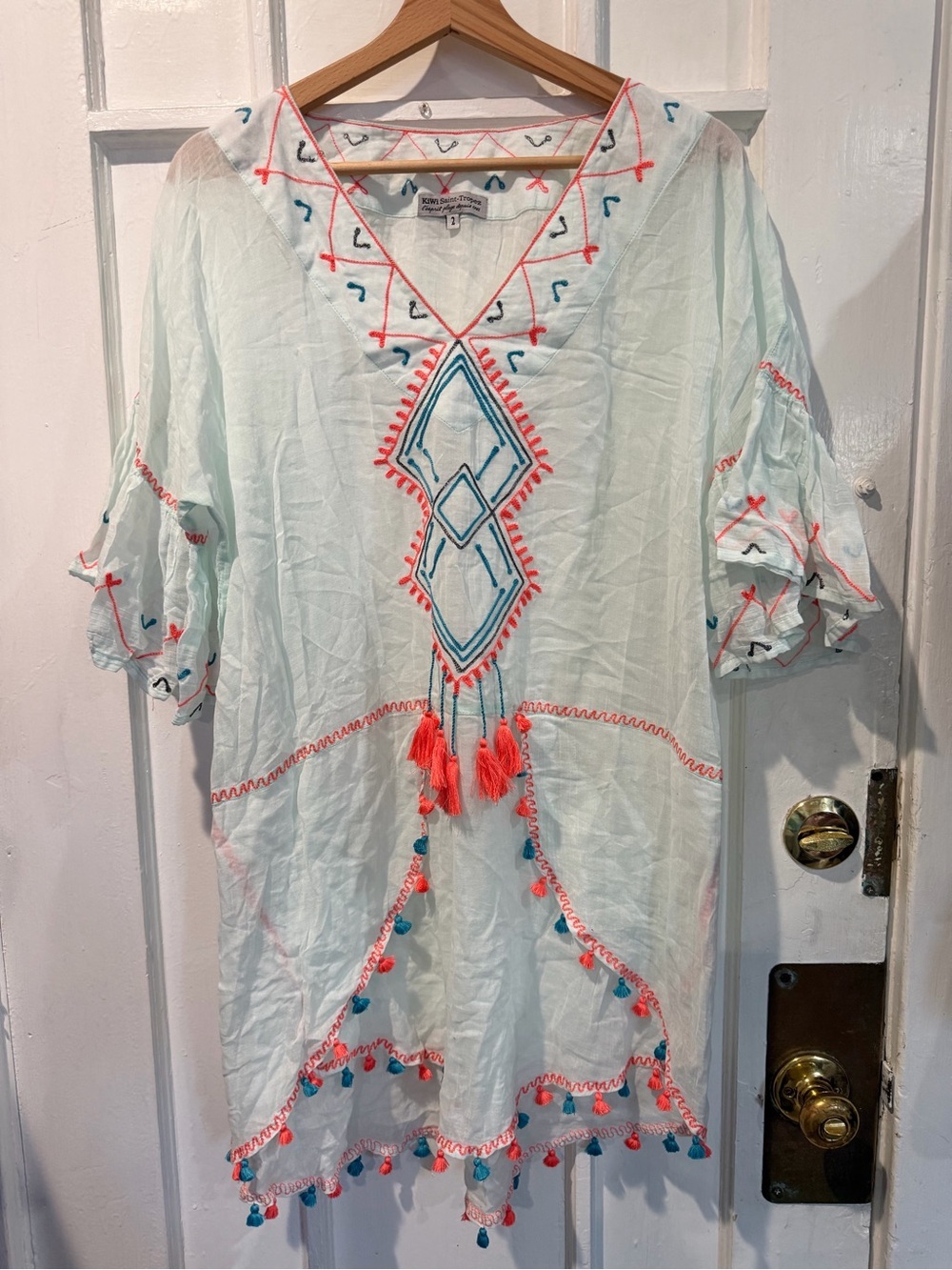 Saint Tropez West Mint Tunic with Coral and Teal Embroidery